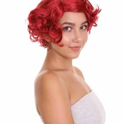 HPO Red French Maid Womens Wig | Short Curly Cosplay Halloween Wig | Premium Breathable Capless Cap Women's