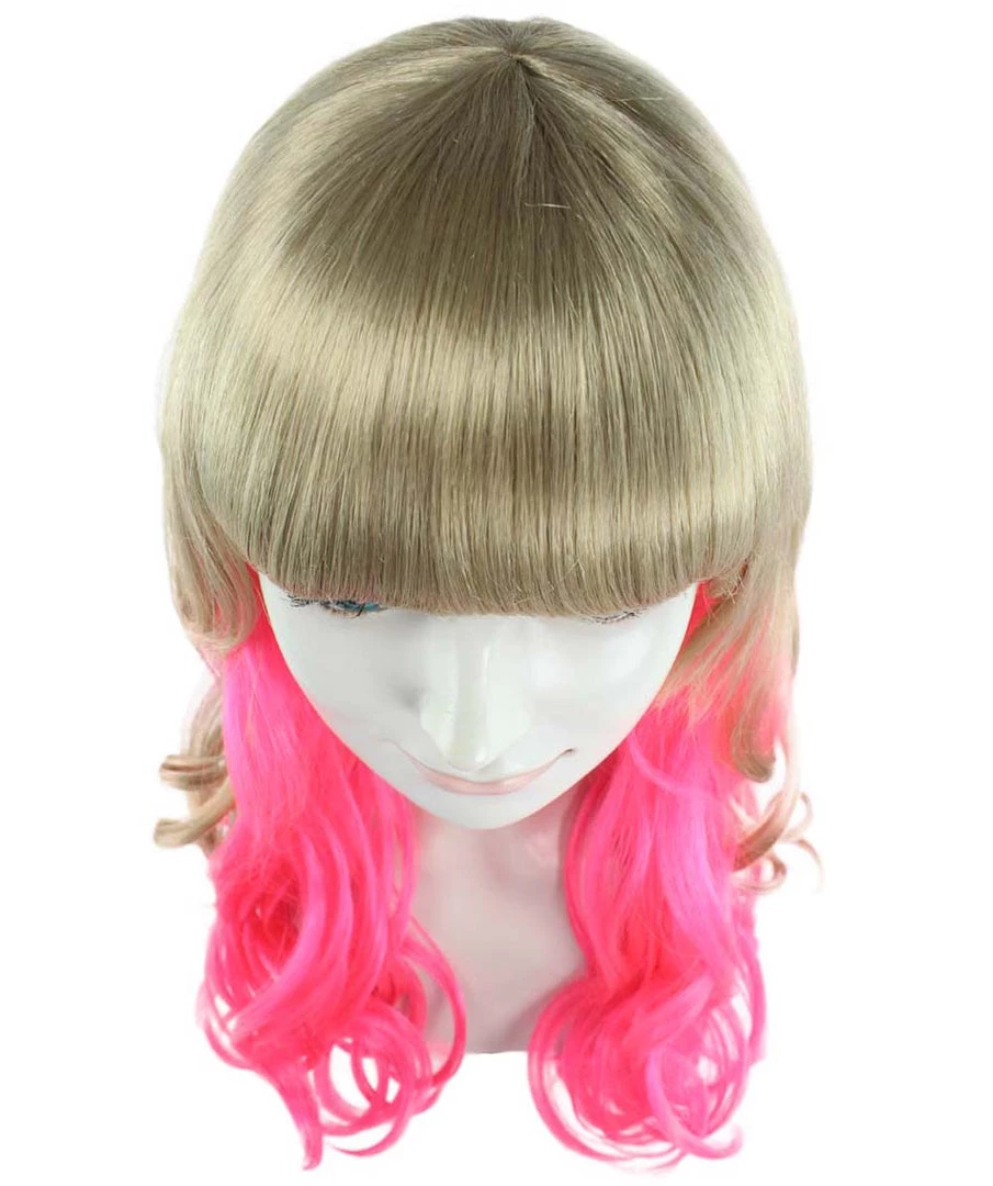 HPO Women's Long Wavy Blonde & Pink Womens Wig | Fancy Party Event Ready Halloween Wig | Premium Breathable Capless Cap