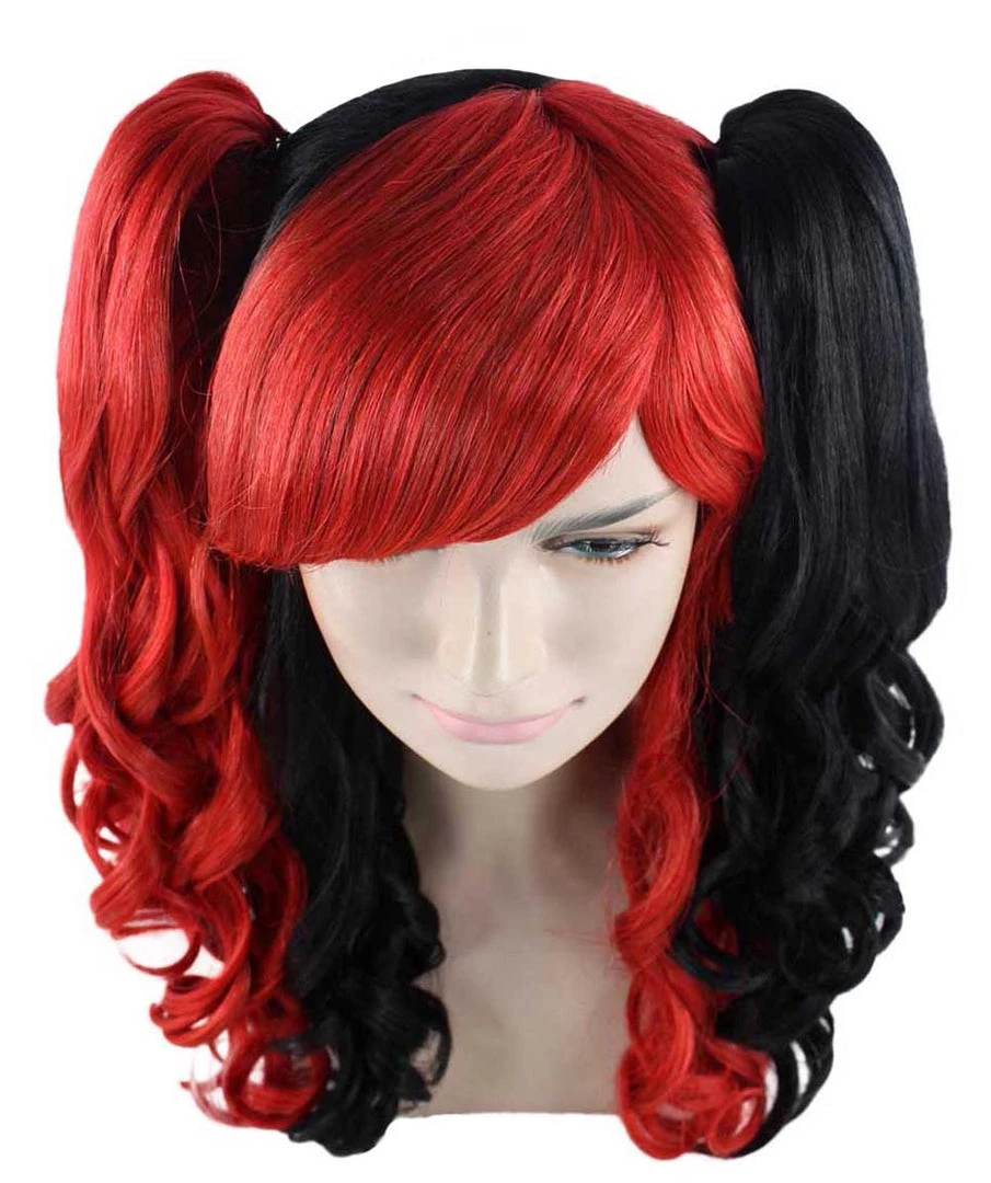 HPO Black And Red Jester Womens Wig | Long Curly Cosplay Halloween Wig | Premium Breathable Capless Cap Women's