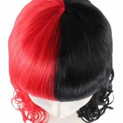 HPO Half Red And Half Black Long Curly Anime Womens Wigs | Cartoon Stage/Event Fancy Halloween Wig | Premium Breathable Capless Cap Women's