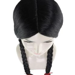 HPO Women's Black Braid Wig | Traditional CowGirl Long Wig With Red Ribbon | Premium Breathable Capless Cap