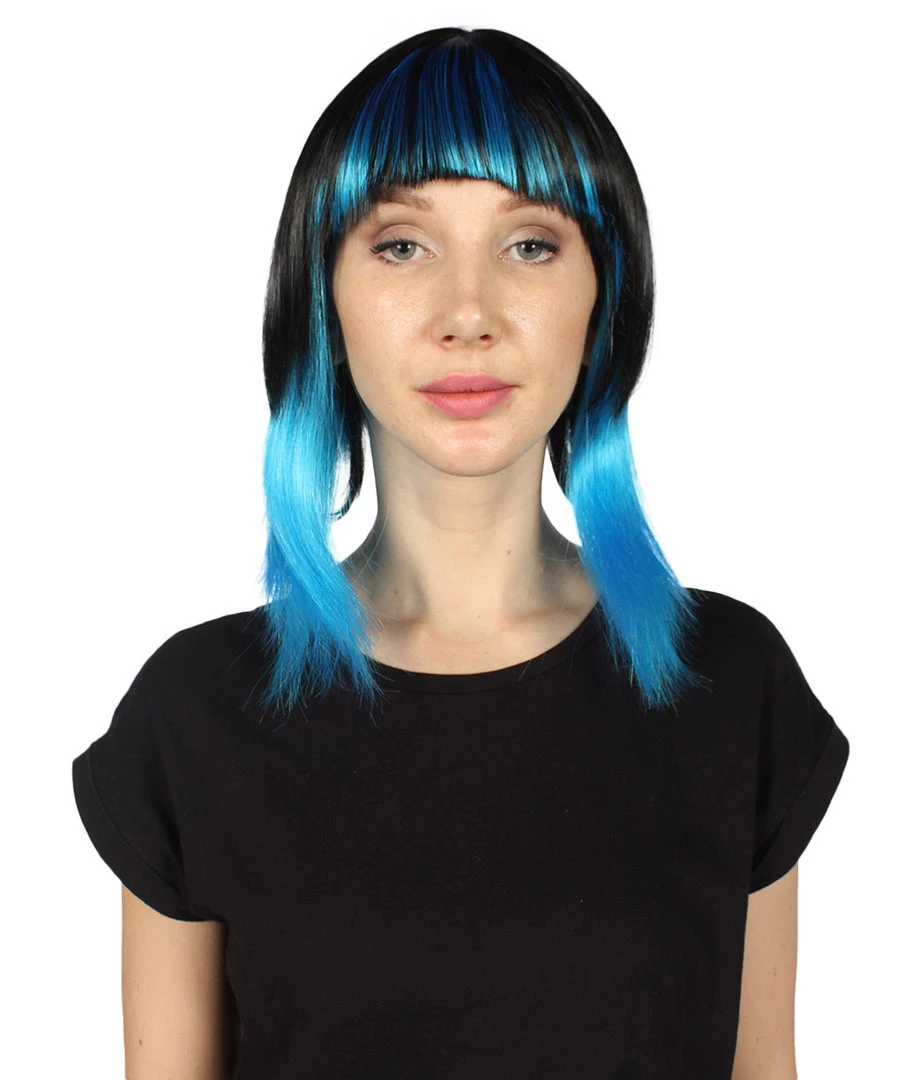 HPO Women's Disco Diva Two-Tune Womens Wig | Black Sky Blue Party Event Ready Cosplay Halloween Wig | Premium Breathable Capless Cap