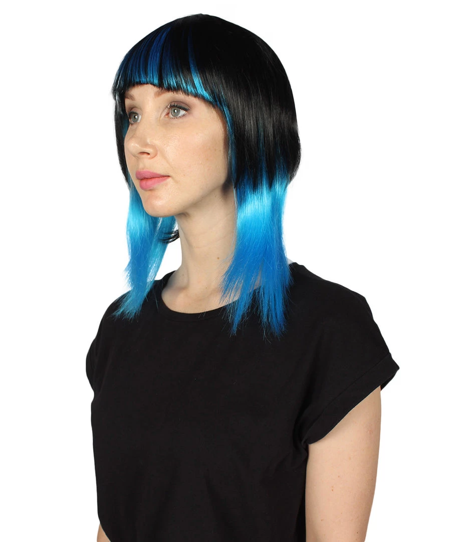 HPO Women's Disco Diva Two-Tune Womens Wig | Black Sky Blue Party Event Ready Cosplay Halloween Wig | Premium Breathable Capless Cap