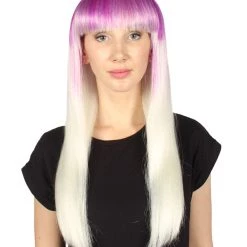 HPO Women's Womens Purple And White 2 Tone Long Bob Wig | Party Ready Fancy Cosplay Halloween Wig | Premium Breathable Capless Cap