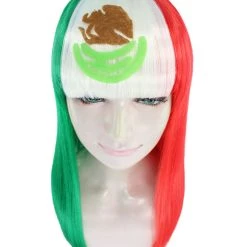 FLAGWIGS Mexico Flag Sport Party Long Bob Wig | National Pride Sport Wig | Premium Breathable Capless Cap