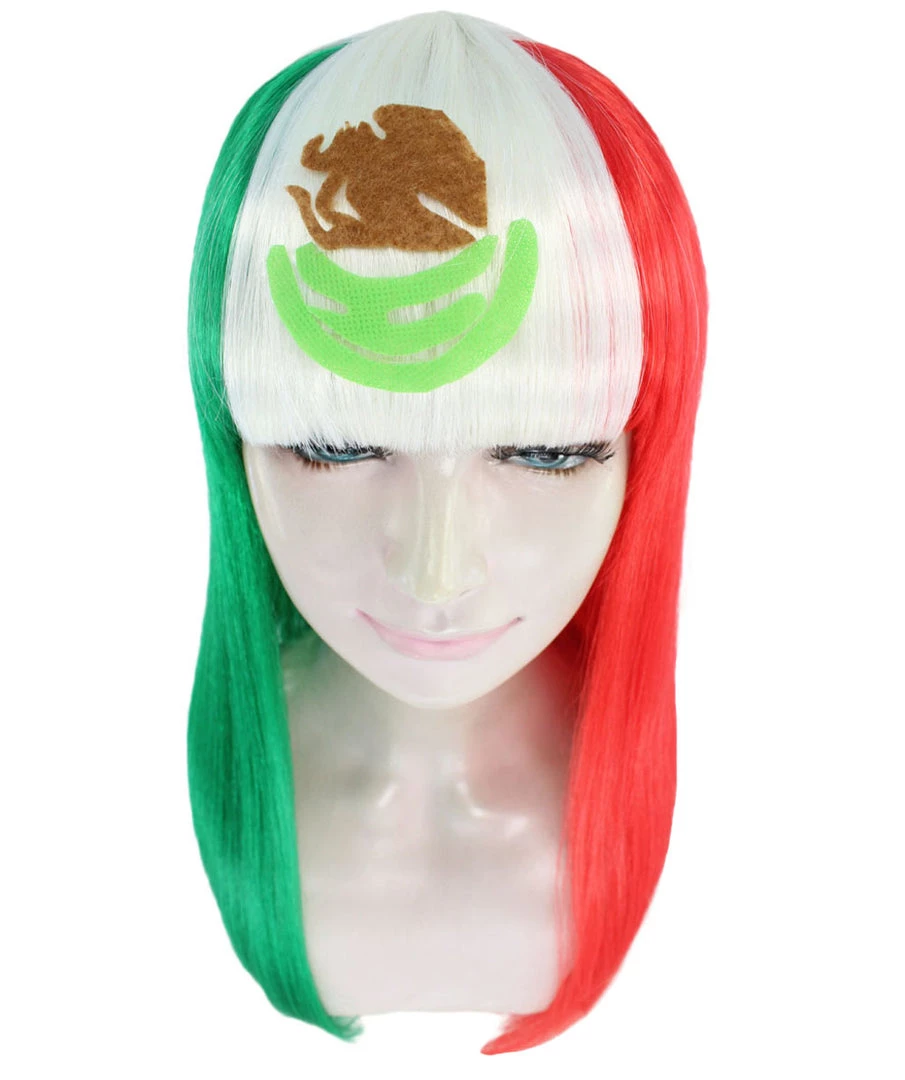 FLAGWIGS Mexico Flag Sport Party Long Bob Wig | National Pride Sport Wig | Premium Breathable Capless Cap