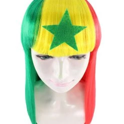 FLAGWIGS Senegal Flag Sport Party Long Bob Wig | Multicolor Long Straight Wig | Premium Breathable Capless Cap Women's