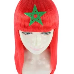 FLAGWIGS Women's Morocco Flag Sports Party Long Bob Wig | Premium Breathable Capless Cap