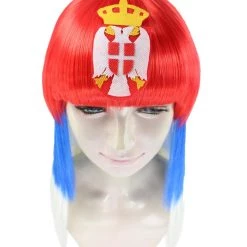 FLAGWIGS Women's Serbia Flag Sport Party Long Bob Wig | Red Blue White Wig | Premium Breathable Capless Cap