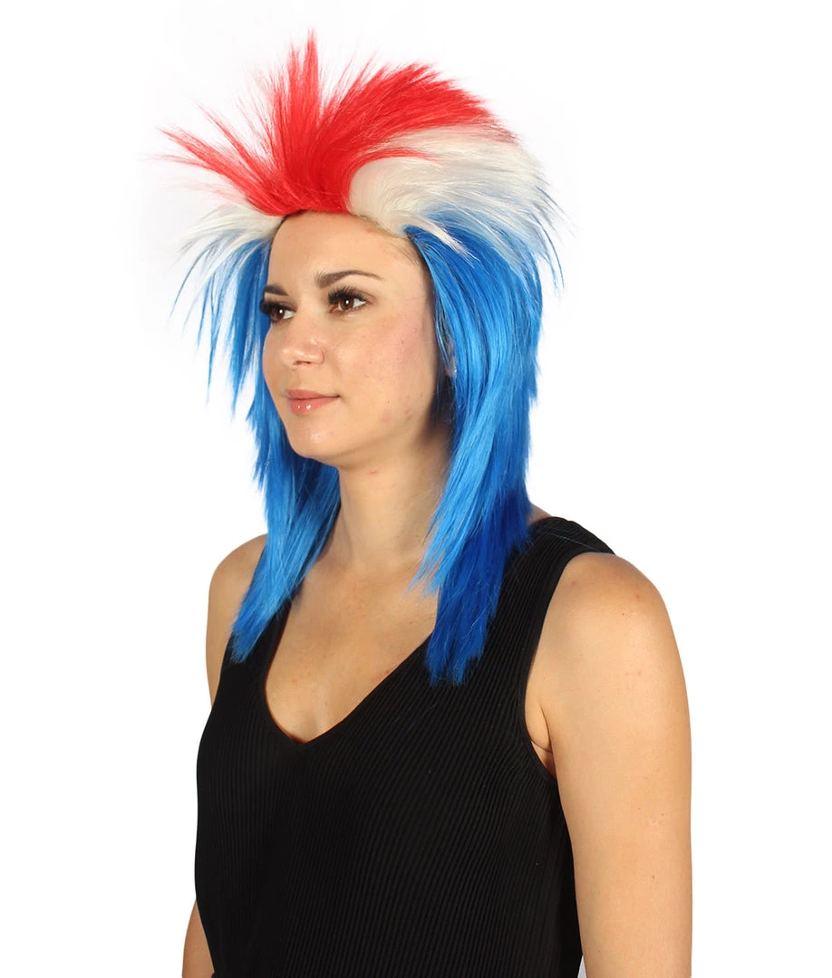 FLAGWIGS Women's Iceland Flag Sport Mullet Wig | National Pride Red White Blue Wig | Premium Breathable Capless Cap