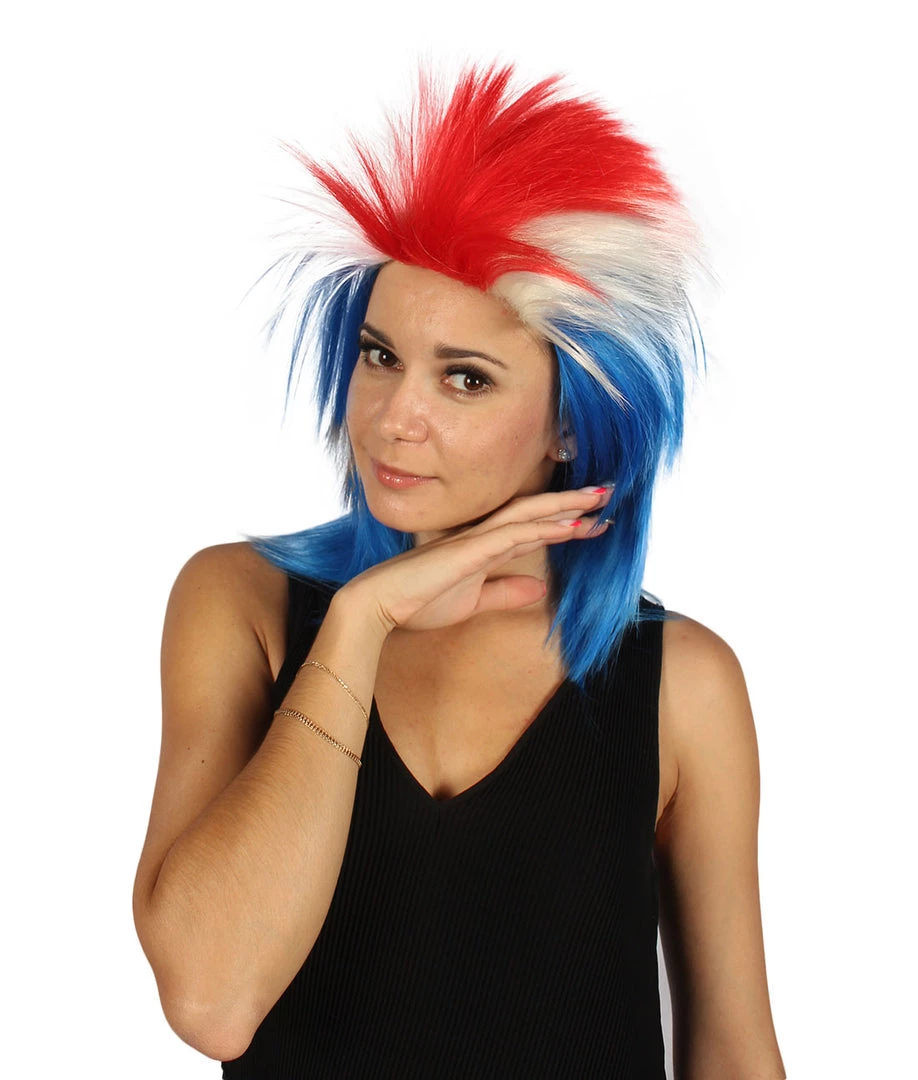 FLAGWIGS Women's Iceland Flag Sport Mullet Wig | National Pride Red White Blue Wig | Premium Breathable Capless Cap