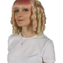 HPO Women's Womens Colonial Historical Pink And Blonde Curly Wig | Premium Breathable Capless Cap