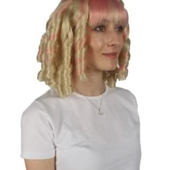 HPO Women's Womens Colonial Historical Pink And Blonde Curly Wig | Premium Breathable Capless Cap