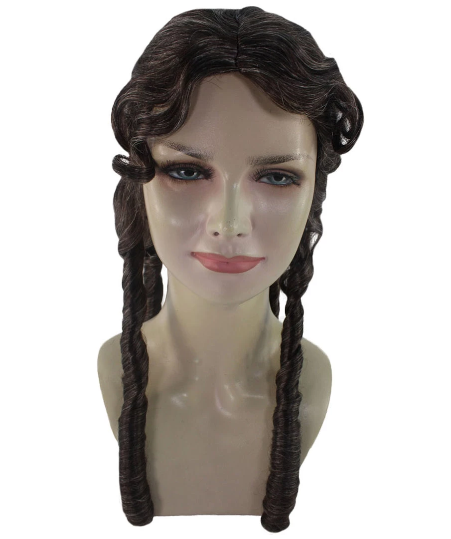 HPO Womens Colonial Lady Wig | Dark Brown Curly Historical Wigs | Premium Breathable Capless Cap