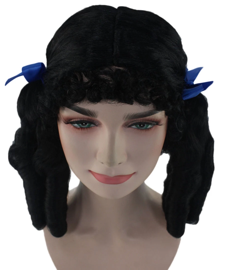 HPO Womens 18th Century Colonial Lady Wig | Black Historical Wigs | Premium Breathable Capless Cap