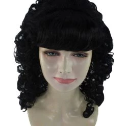 HPO Women's Womens 18th Century Colonial Lady Curly Black Historical Wig | Premium Breathable Capless Cap