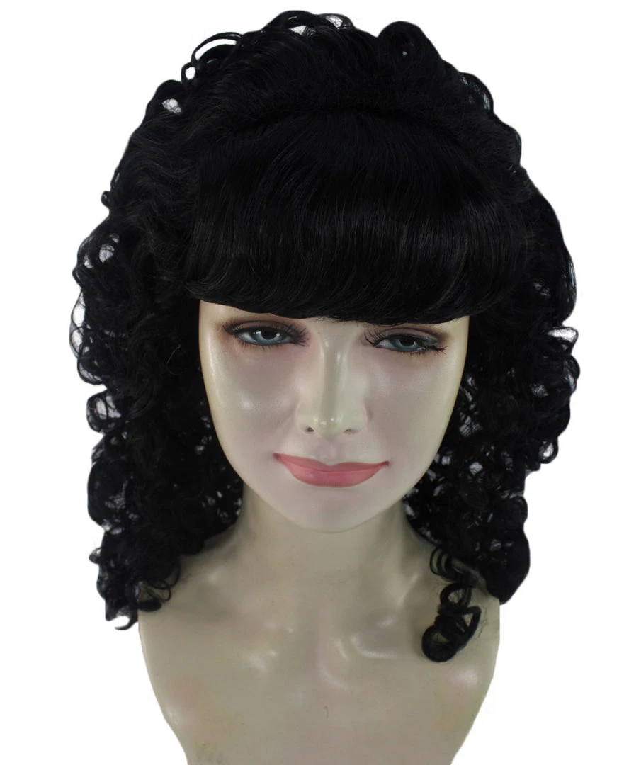 HPO Women's Womens 18th Century Colonial Lady Curly Black Historical Wig | Premium Breathable Capless Cap
