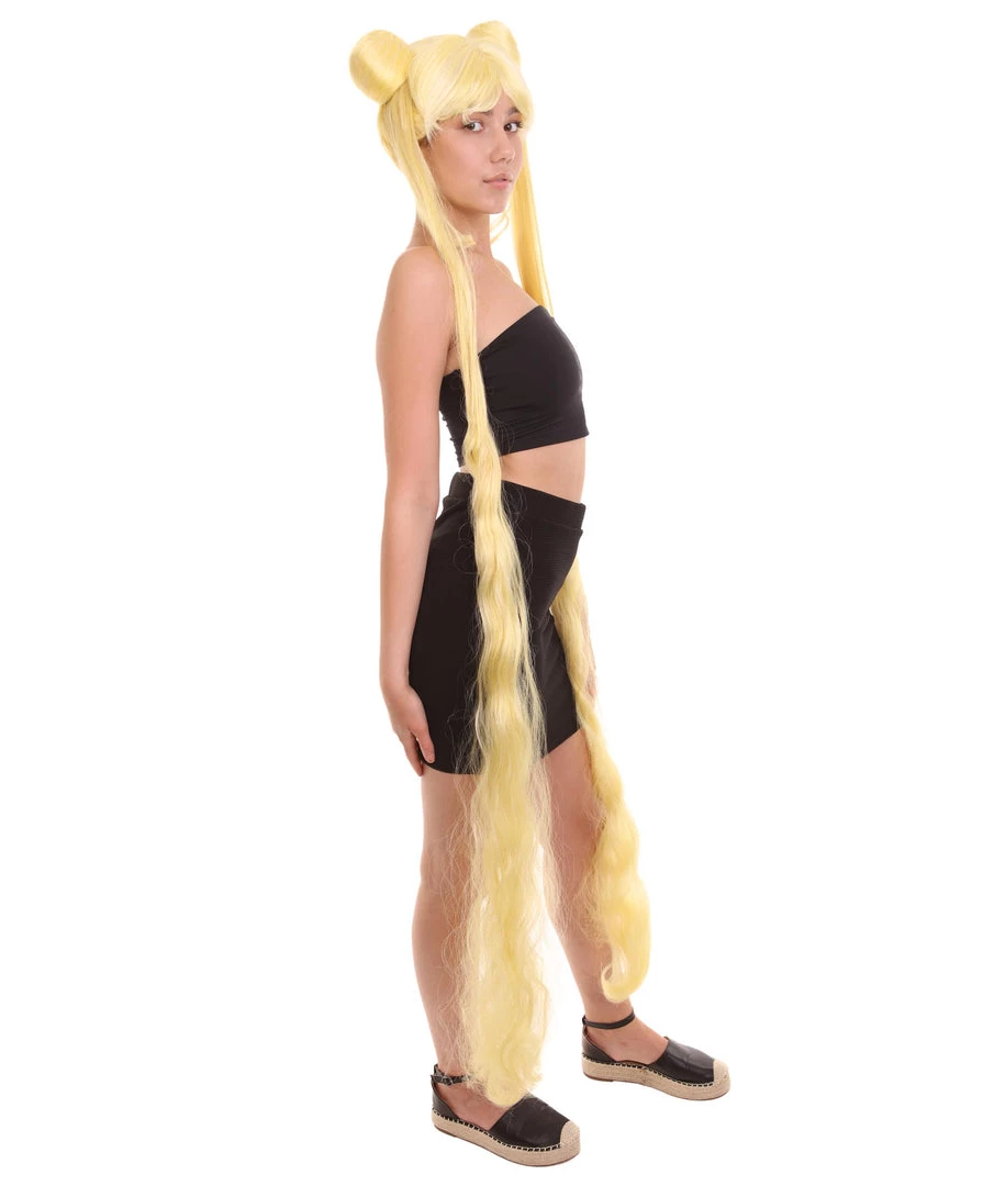 HPO Women's Womens Anime 60" Ponytail Buns Wig | Yellow TV/Movie Wigs | Premium Breathable Capless Cap