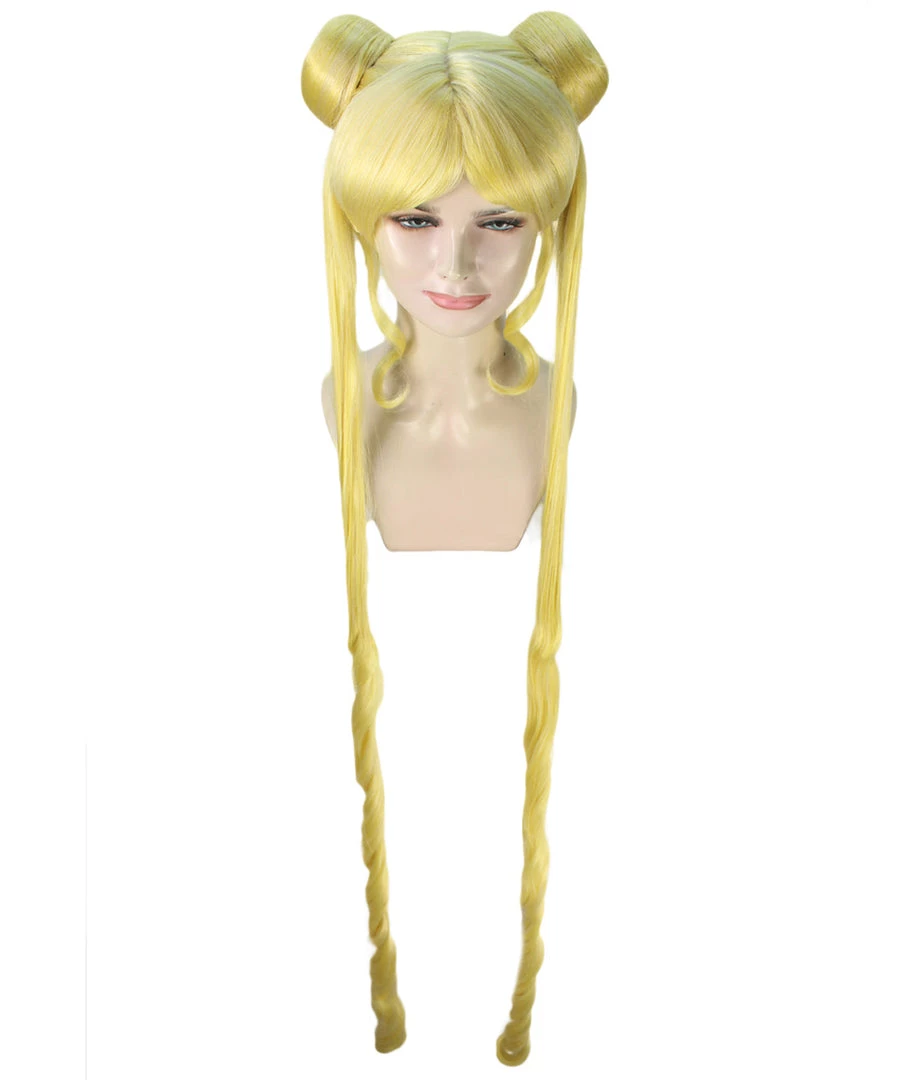 HPO Women's Womens Anime 60" Ponytail Buns Wig | Yellow TV/Movie Wigs | Premium Breathable Capless Cap