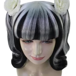 HPO Womens Gothic Pigtail Ghost Witch Bride Zombie Wig With Rose | Two Tones Black And Grey Scary Wigs | Premium Breathable Capless Cap Women's