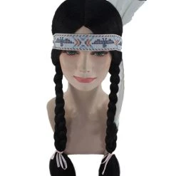 HPO Native American Princess Wig With Headband | Black Braided Historical Wigs | Premium Breathable Capless Cap Women's