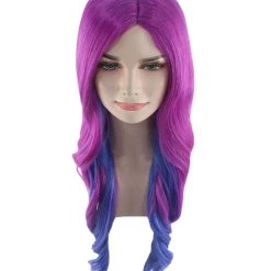 HPO Womens Fantasy Curly Wavy Wig | Purple & Blue TV/Movie Wigs | Premium Breathable Capless Cap