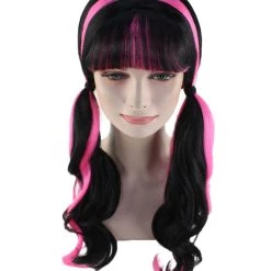 HPO Womens Dracula Ponytails Curly Wig | Black & Pink TV/Movie Wigs | Premium Breathable Capless Cap Women's
