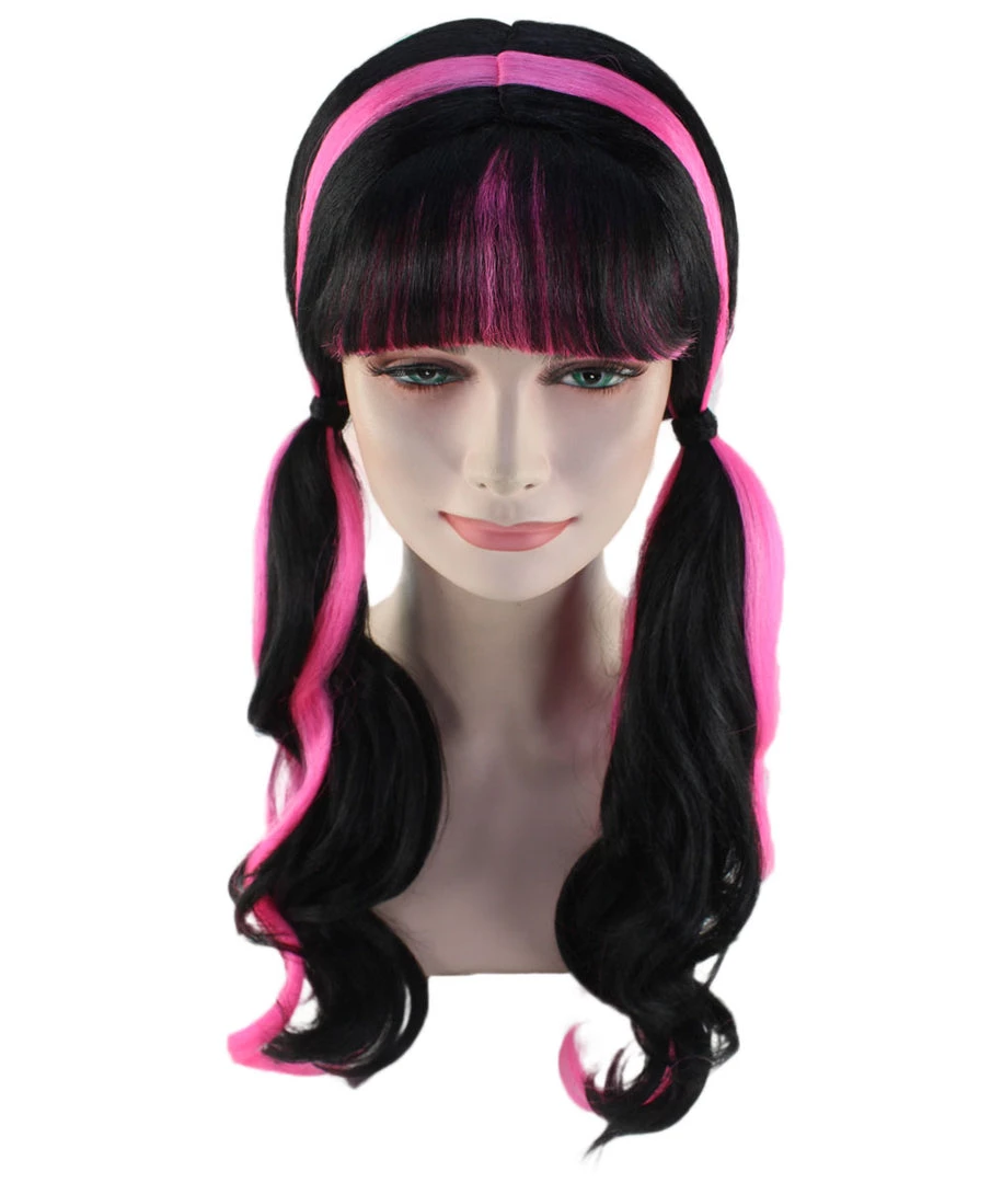 HPO Womens Dracula Ponytails Curly Wig | Black & Pink TV/Movie Wigs | Premium Breathable Capless Cap Women's