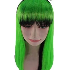 HPO Women's Womens Neon Doll Wig | Black & Green Neon Wigs | Premium Breathable Capless Cap