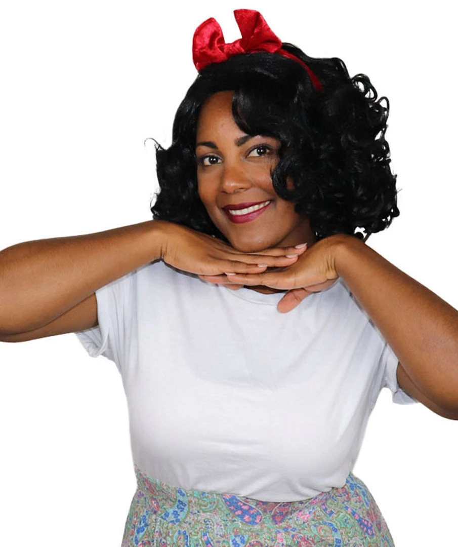 HPO Womens Princess Wig With Red Bow | Black TV/Movie Wigs | Premium Breathable Capless Cap