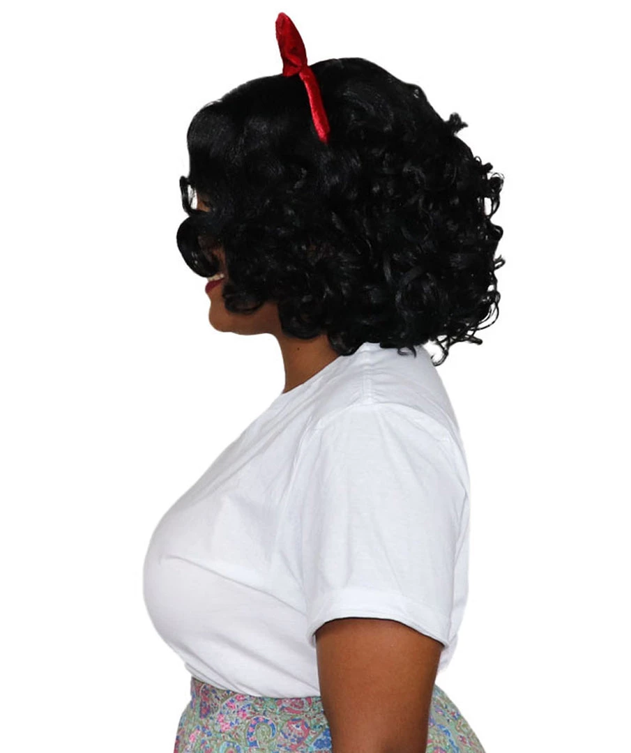 HPO Womens Princess Wig With Red Bow | Black TV/Movie Wigs | Premium Breathable Capless Cap