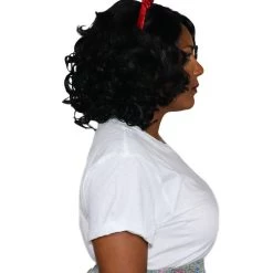 HPO Womens Princess Wig With Red Bow | Black TV/Movie Wigs | Premium Breathable Capless Cap