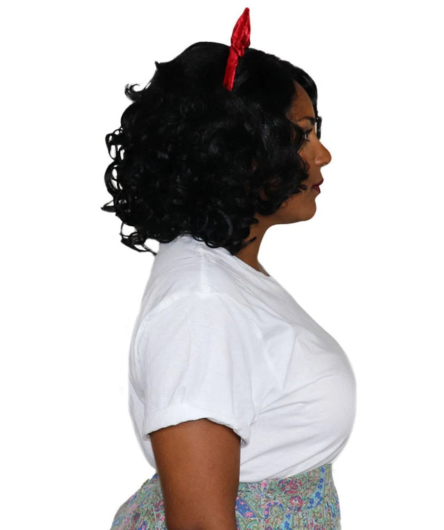 HPO Womens Princess Wig With Red Bow | Black TV/Movie Wigs | Premium Breathable Capless Cap