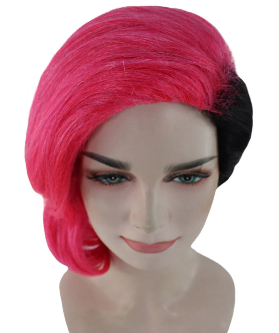 HPO Womens 80s Rave Punk Wig | Pink And Black Rock & Disco Wigs | Premium Breathable Capless Cap