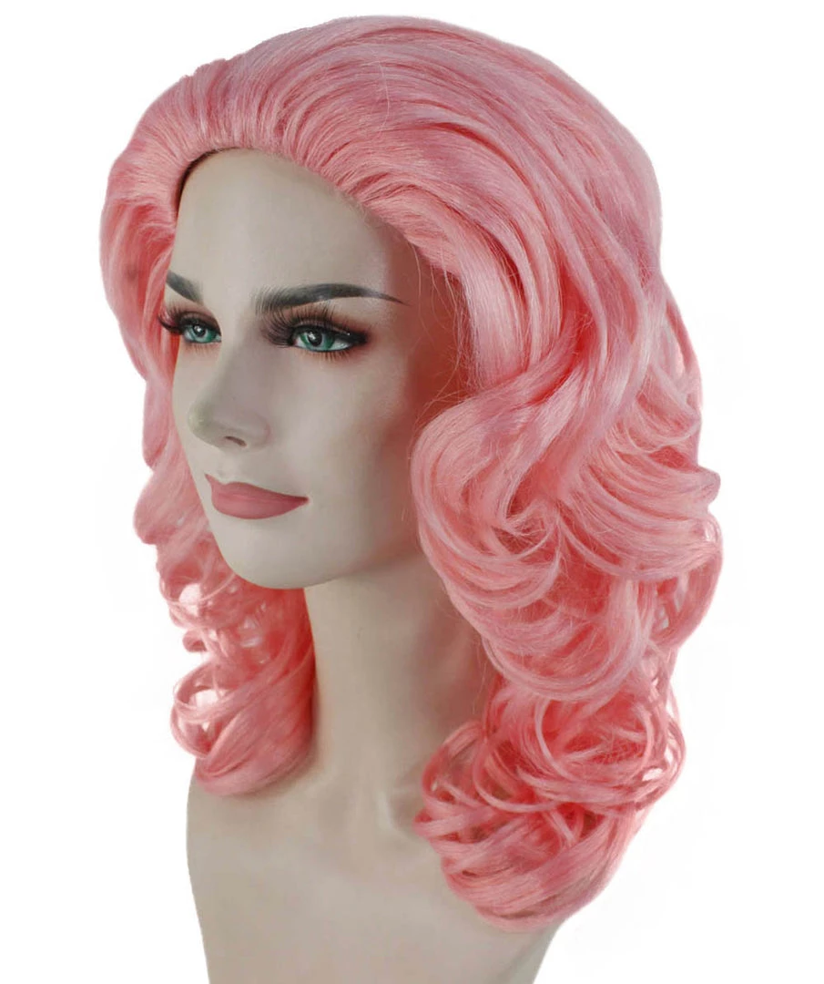 HPO Womens Pink Curly Wavy Wig | Pink Party Wigs | Premium Breathable Capless Cap