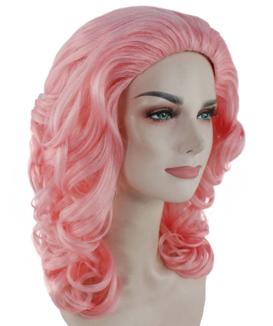 HPO Womens Pink Curly Wavy Wig | Pink Party Wigs | Premium Breathable Capless Cap