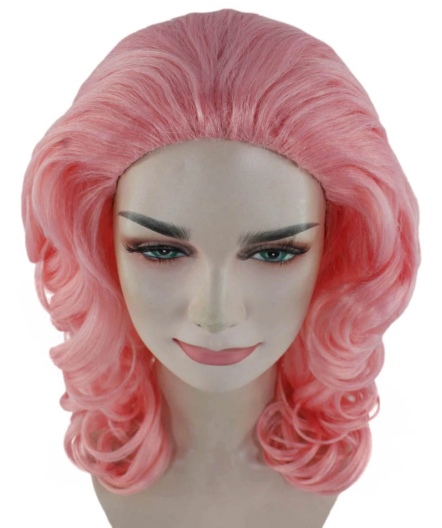 HPO Womens Pink Curly Wavy Wig | Pink Party Wigs | Premium Breathable Capless Cap