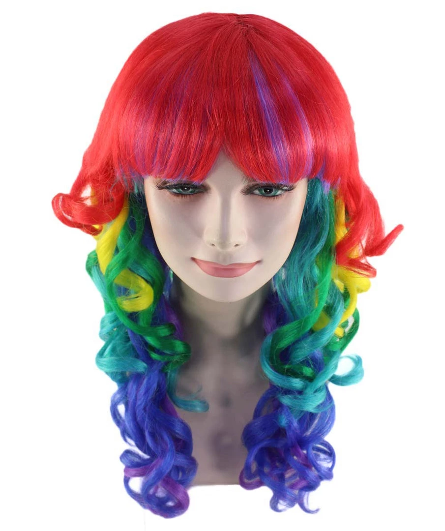 HPO Womens Rainbow Long Curly Colorful Wig | Clown Rainbow Wigs | Premium Breathable Capless Cap