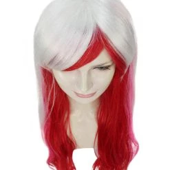 HPO Womens Fashion Lady Cosplay Long Curly Wavy Wig | White & Red Party Wigs | Premium Breathable Capless Cap
