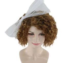 HPO Womens 80s Wild Curly Wig With Bow | Brown Vintage Wigs | Premium Breathable Capless Cap