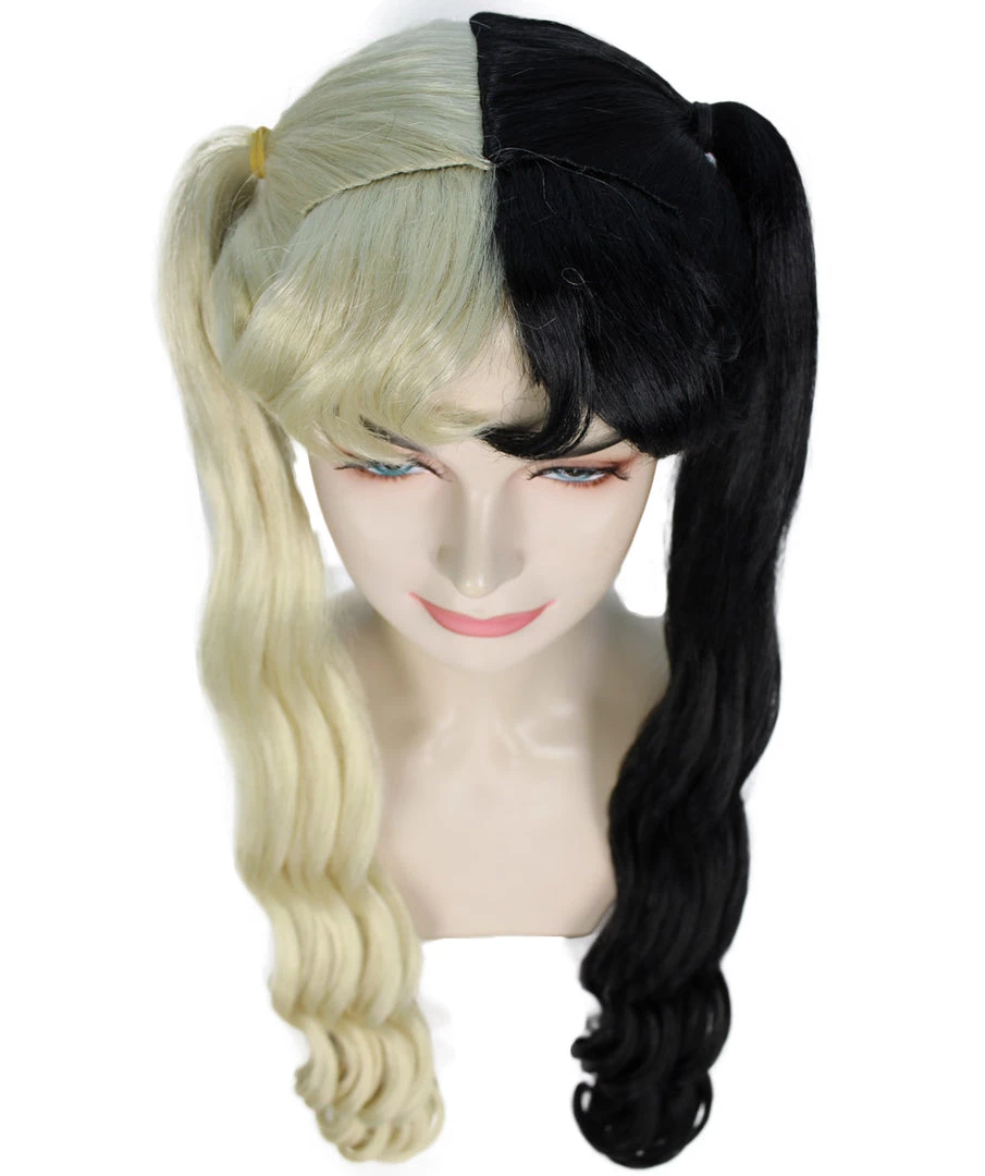 HPO Women's Marie, Long Wavy Two Tone Black And White High Pigtails Womens Wig | Premium Breathable Capless Cap