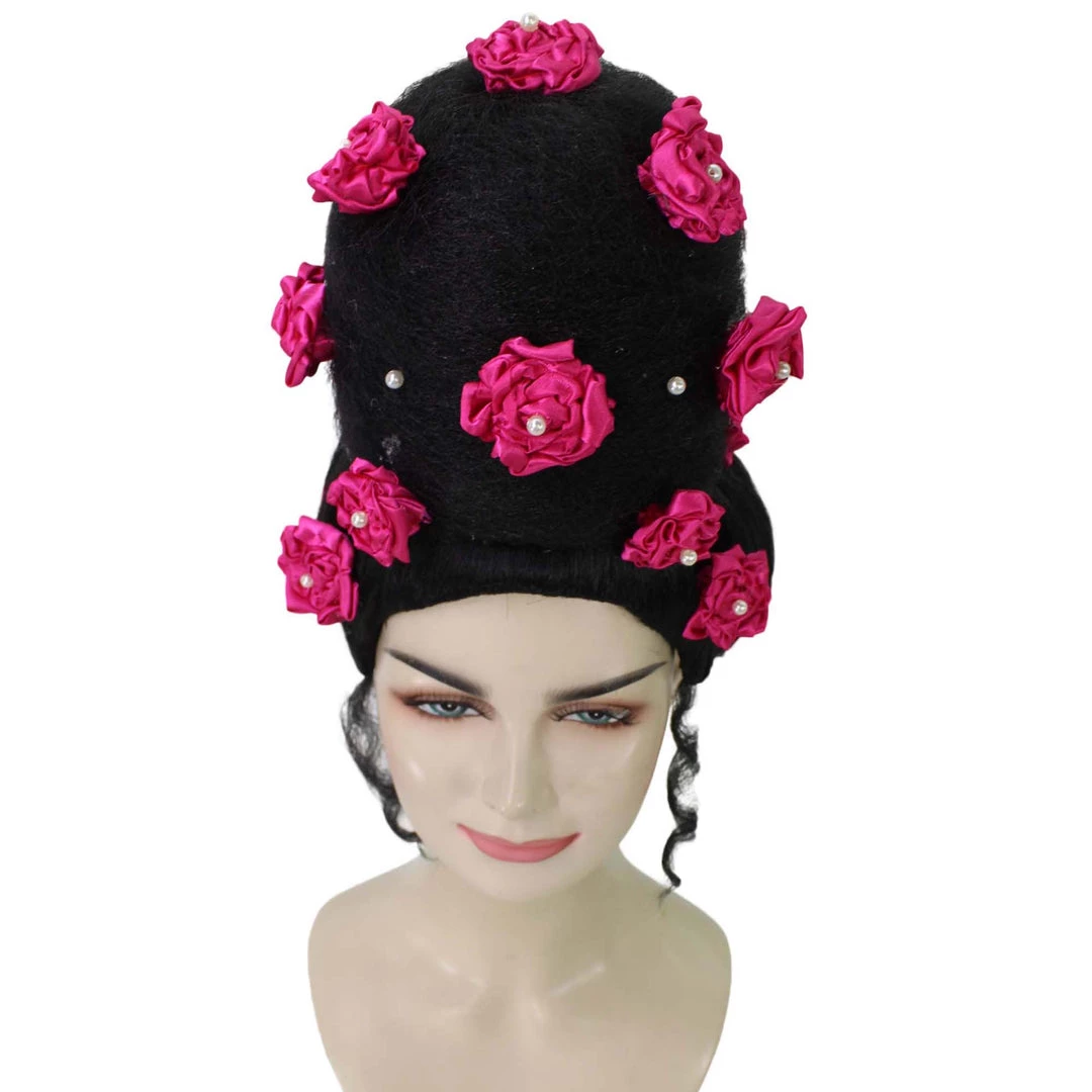 HPO Womens Pinned Up Bun Artist Wig - Long Black Hair With Pink Flowers - Capless Cap Design