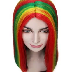 HPO Women's Shoulder Length Celebrity Ghana Pride Wig - Red Gold And Green Hair - Capless Cap Design