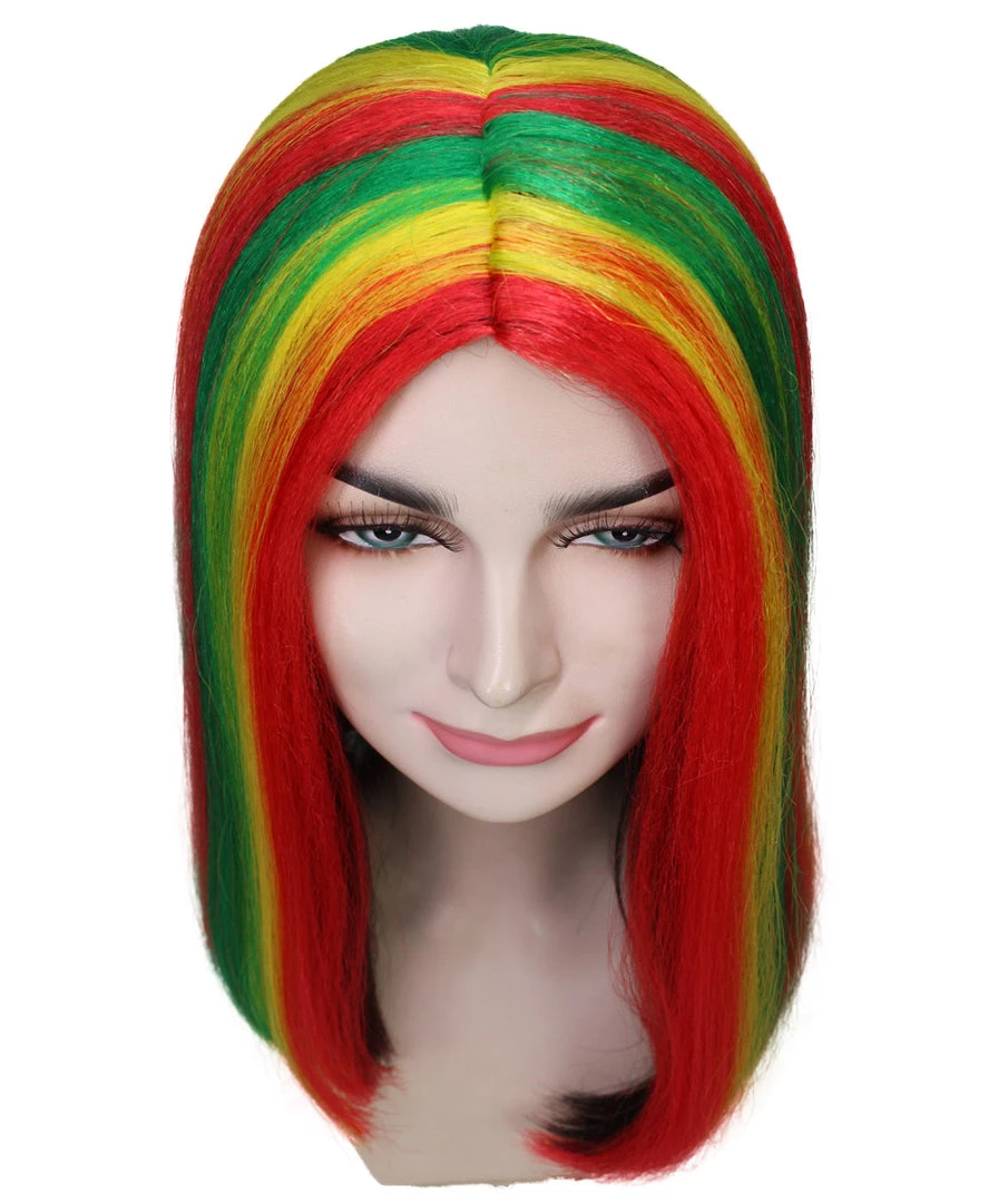 HPO Women's Shoulder Length Celebrity Ghana Pride Wig - Red Gold And Green Hair - Capless Cap Design