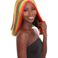 HPO Women's Shoulder Length Celebrity Ghana Pride Wig - Red Gold And Green Hair - Capless Cap Design
