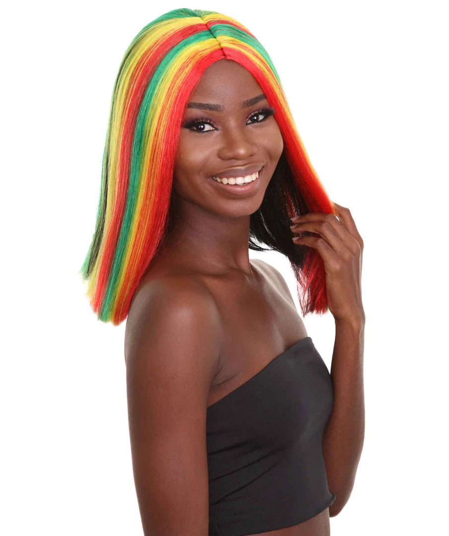 HPO Women's Shoulder Length Celebrity Ghana Pride Wig - Red Gold And Green Hair - Capless Cap Design