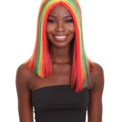 HPO Women's Shoulder Length Celebrity Ghana Pride Wig - Red Gold And Green Hair - Capless Cap Design