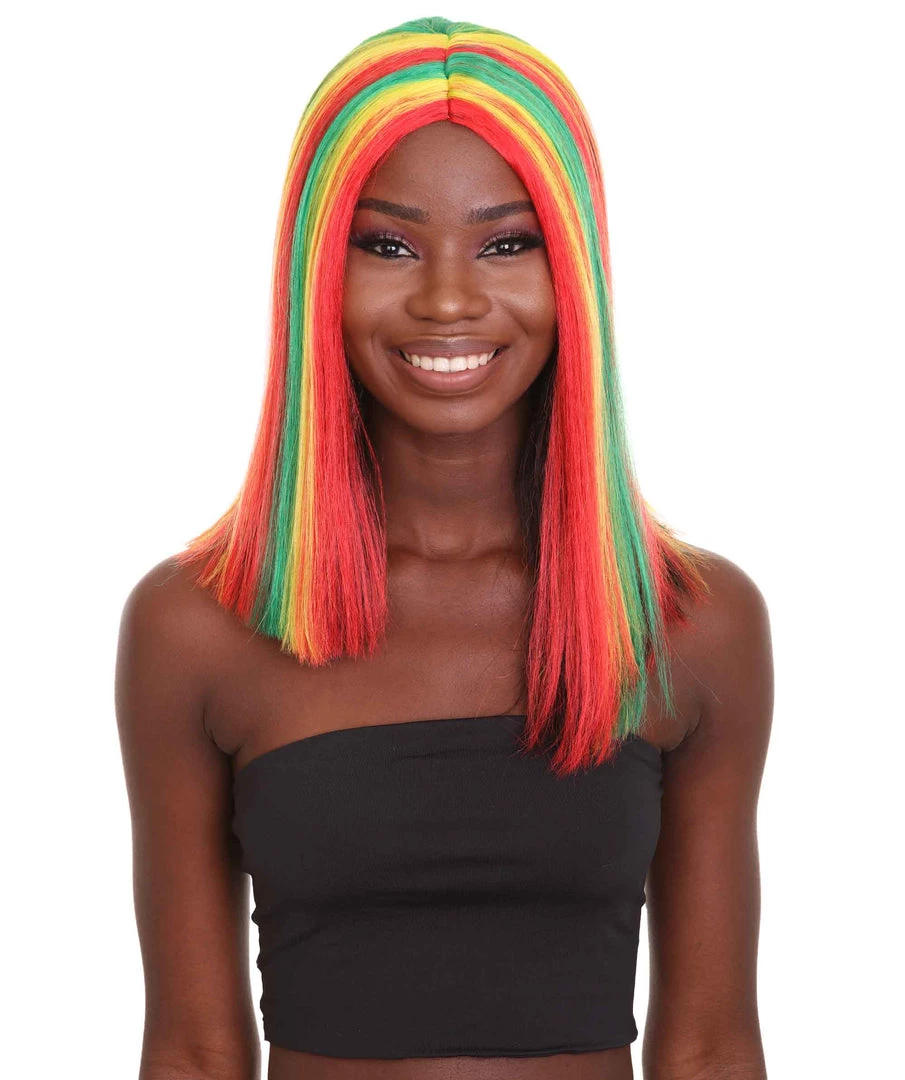HPO Women's Shoulder Length Celebrity Ghana Pride Wig - Red Gold And Green Hair - Capless Cap Design