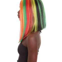 HPO Women's Shoulder Length Celebrity Ghana Pride Wig - Red Gold And Green Hair - Capless Cap Design