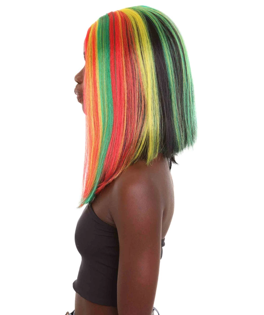 HPO Women's Shoulder Length Celebrity Ghana Pride Wig - Red Gold And Green Hair - Capless Cap Design